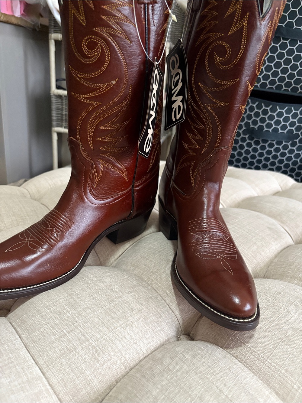 ACME Brown Leather Western Heeled Boots with Stitch Detail